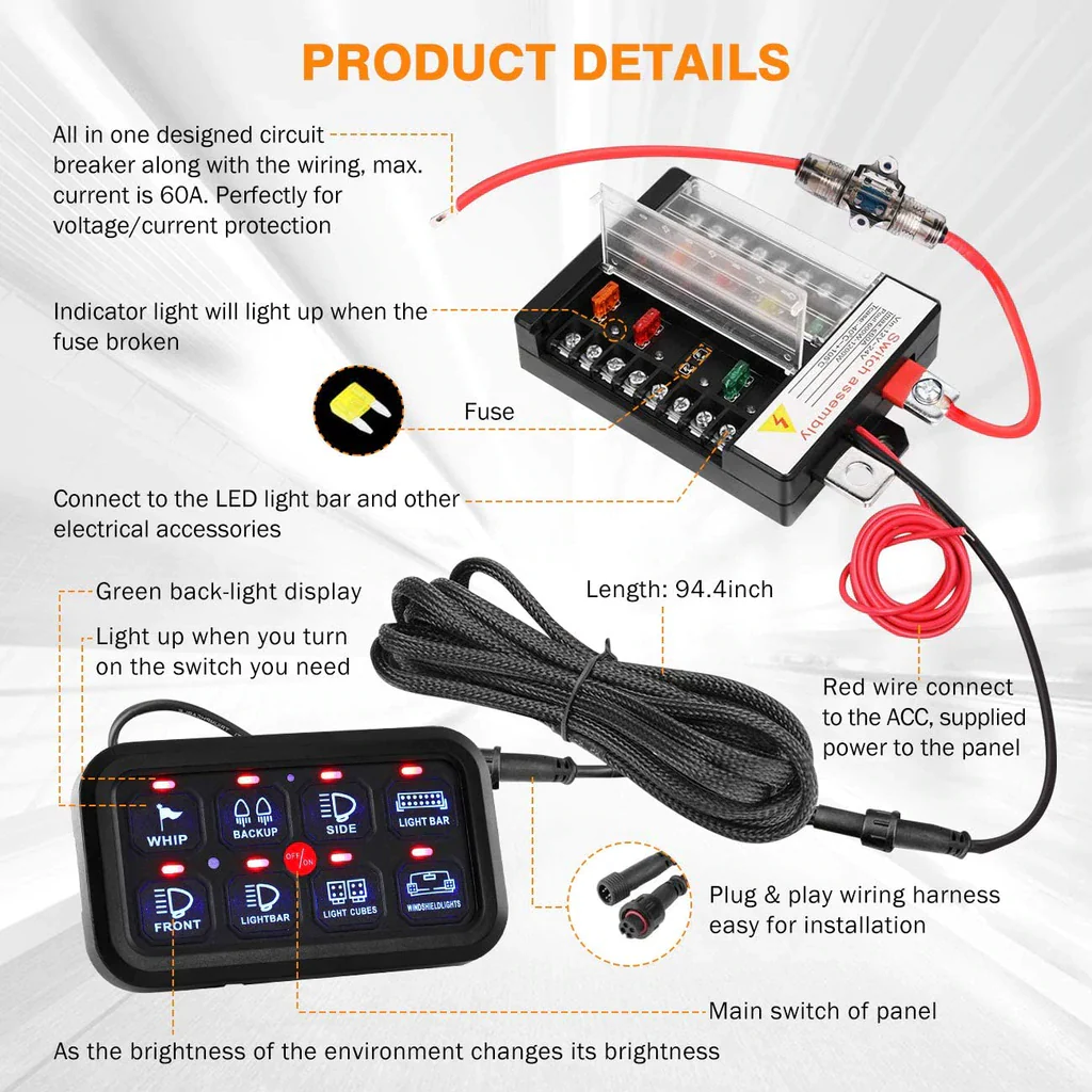 Auxbeam 8 Gang LED Switch Panel Kit (Two-Sided) - Image 3