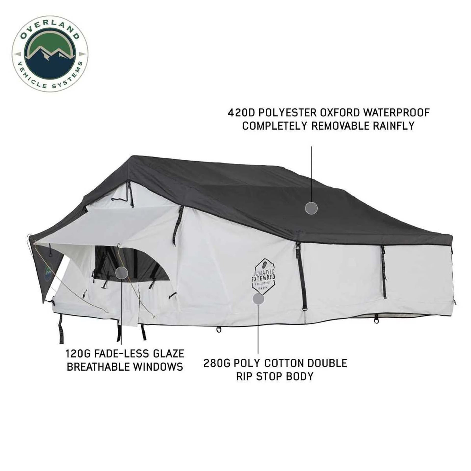 Overland Vehicle Systems HD Nomadic 3 Arctic White Extended Soft Shell Roof Top Tent - Image 2